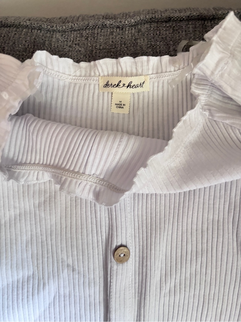 Derek Heart White Ribbed Button-Front Top with Ruffled Neckline - Picture 3 of 3